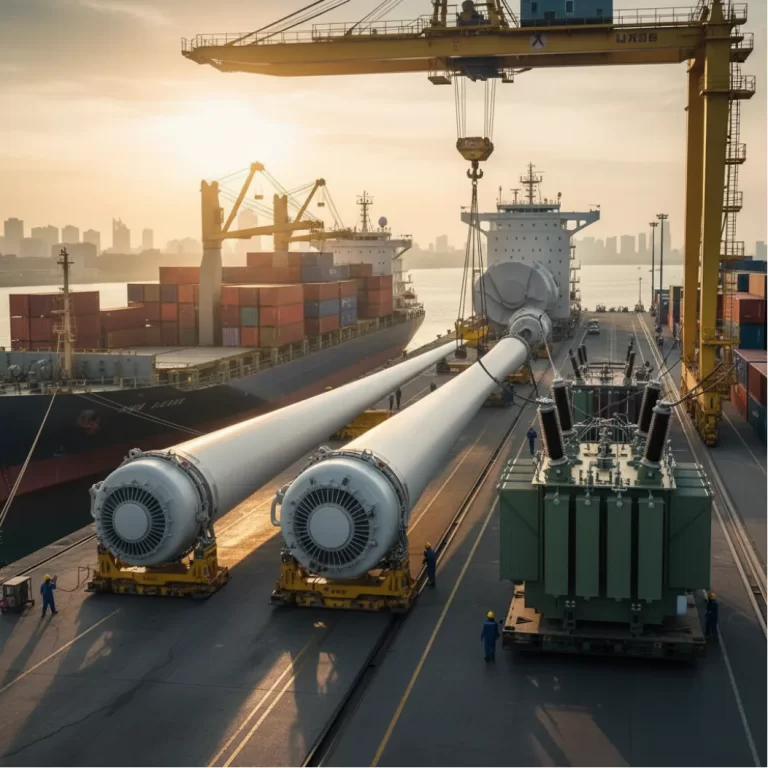 bilah turbin angin (wind turbine blades), generator, dan transformer berukuran besar